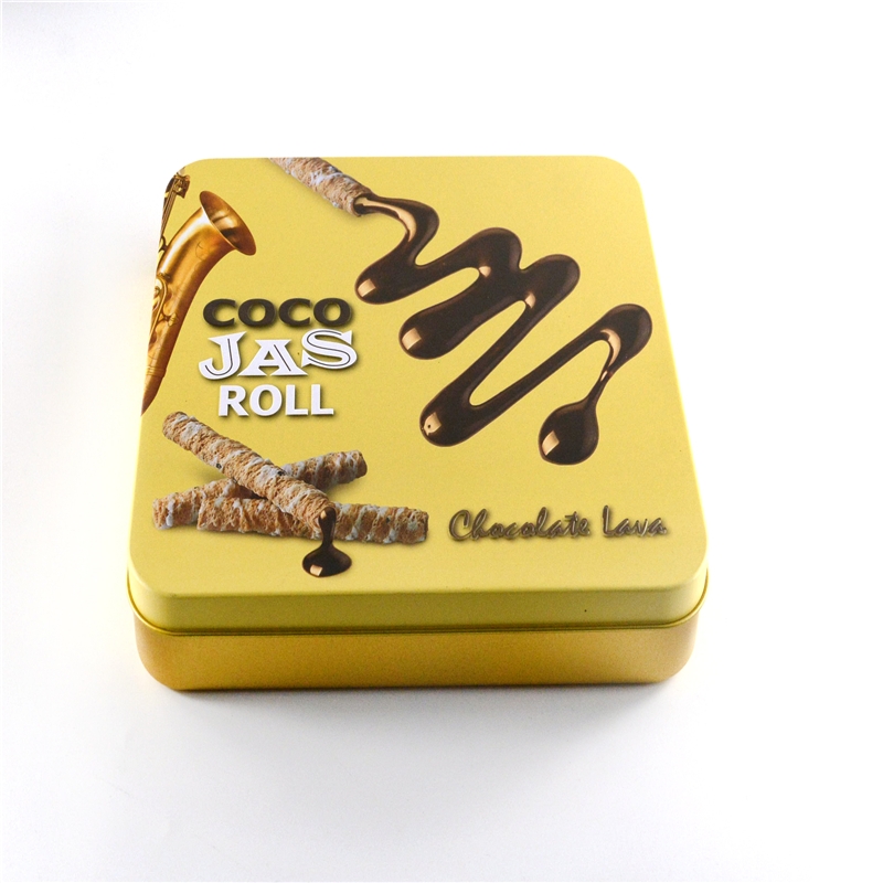 Scatola rettangolare in latta con due cioccolatini in rilievo 3D