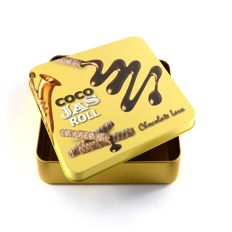 Scatola rettangolare in latta con due cioccolatini in rilievo 3D