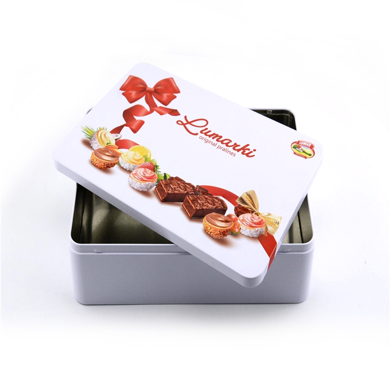 Scatola in latta biscotto rettangolare stampata personalizzata per alimenti con logo in rilievo