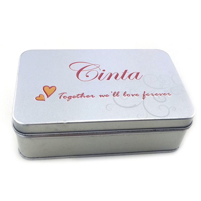 Scatola di latta cosmetica rettangolare con vernice argento personalizzata con logo in rilievo