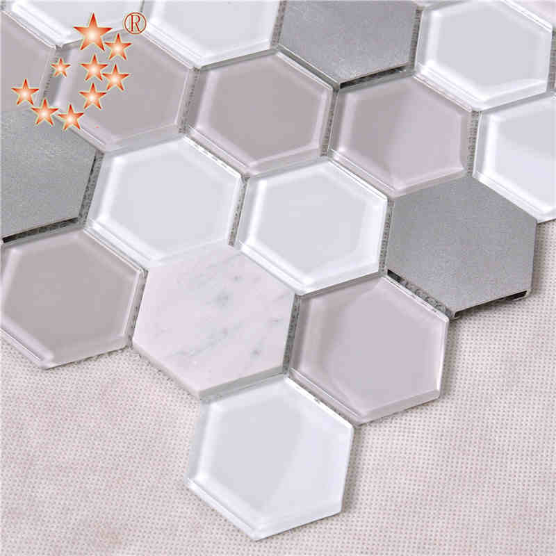 ultimo progetto cucina e bagno di decorazione d'interni waterjet esagono metal vetro mescolato pavimento di marmo tessera al mosaico