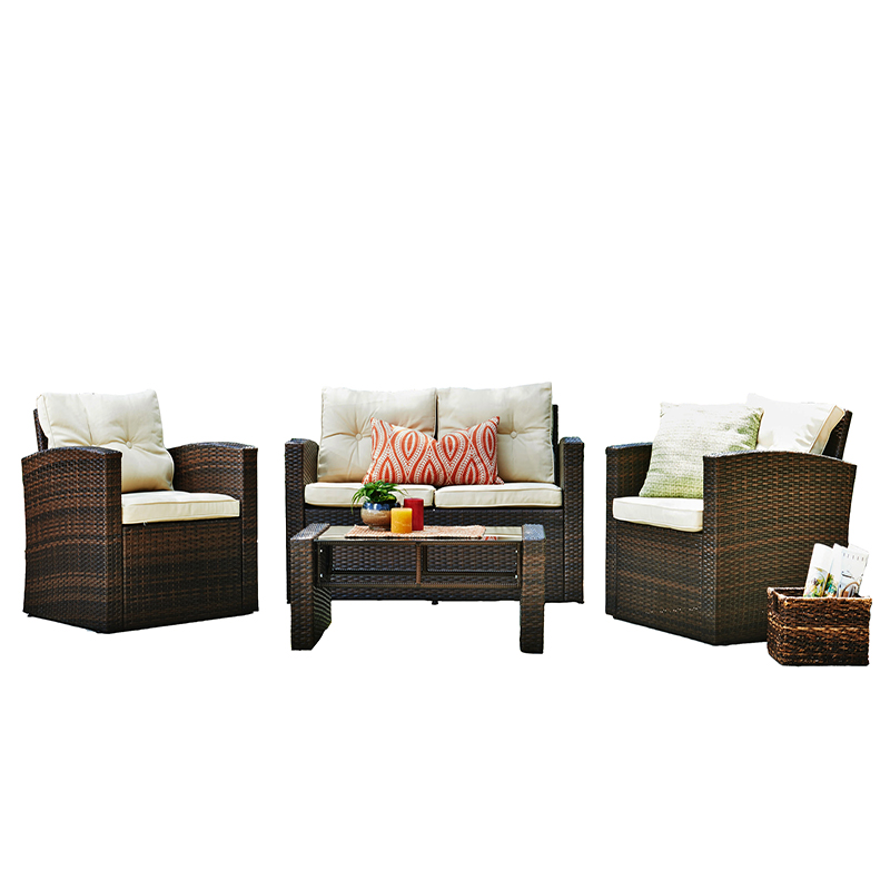 Set di conversazione in vimini da esterno in rattan 4 pezzi con cuscini resistenti agli agenti atmosferici e piano tavolo in vetro temperato (marrone scuro)