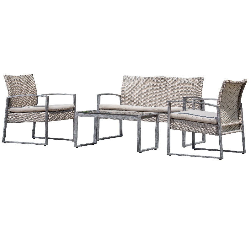 4 pezzi di conversazione esterna Set Patio Garden Pool Prato Rattan Vimini Divano a sdraio Divano imbottito sedile e vetro Top tavolino Set di mobili