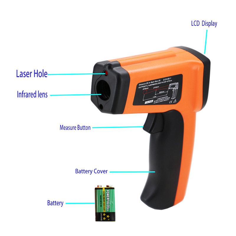 Termometro a infrarossi a contatto con termometro laser Pirometro -50 ~ 1600 Emissività regolabile