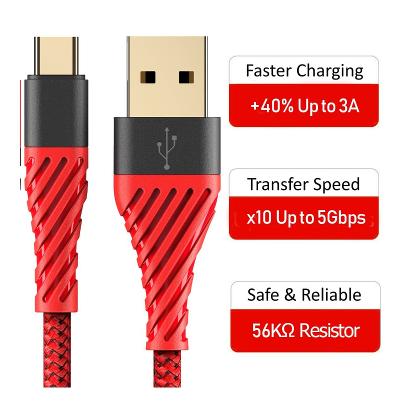 Cavo USB C 3.0, Cavo USB Tipo C Cavo di ricarica USB veloce a cellulare per Samsung Galaxy S8, S9 Plus, Nota 8, LG v20, G6, G5, v30, Google Pixel 2 XL, Nexus 6-3 Pack Rosso