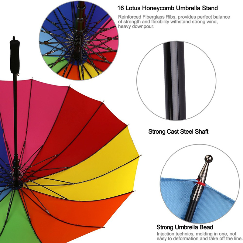 Ombrello promozionale aperto a 16 costine con ombrello Ombrello dritto personalizzato compatto a colori Rainbow