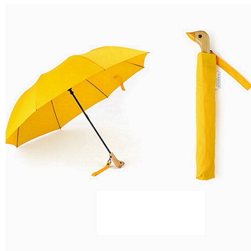 2019 Auto aperto Gancio maniglia in legno anatra gialla 2 ombrello pieghevole