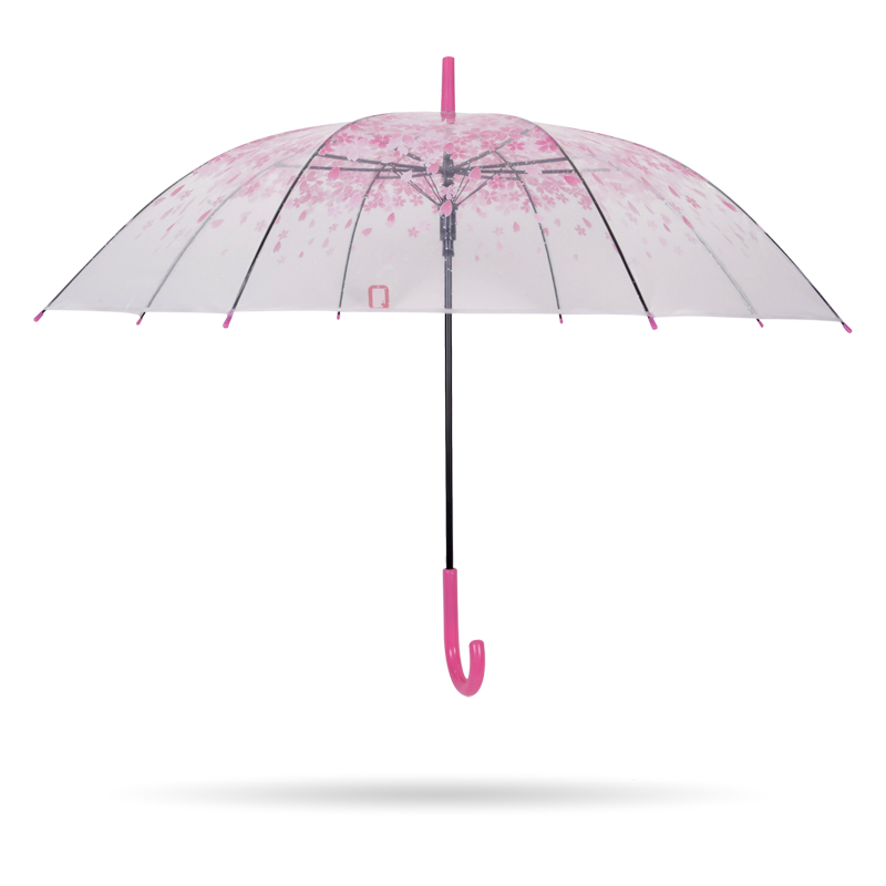 pink sakura 23 '' 8k auto aperto in plastica J maniglia trasparente poe ombrello dritto