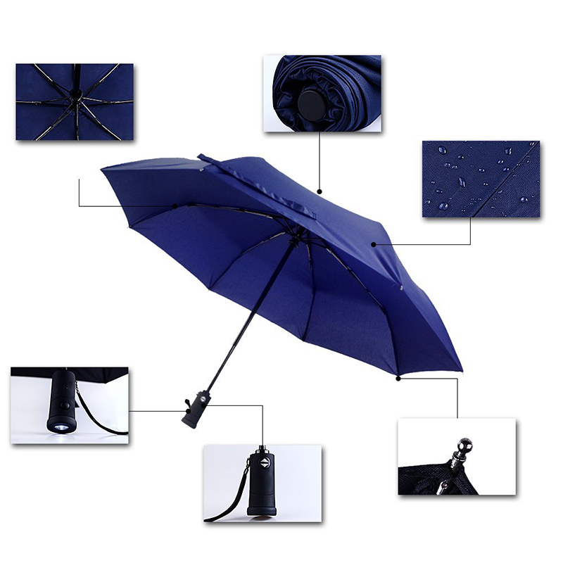 2019 Rainy forte impermeabile all'ingrosso ombrello 3 volte con torcia a led