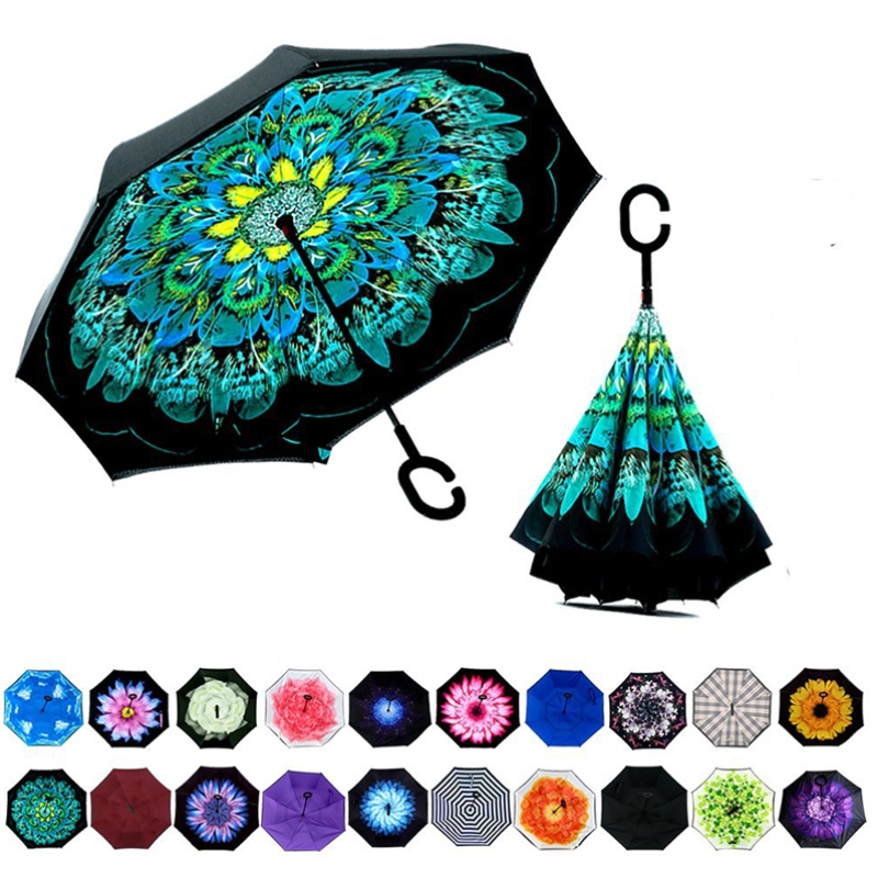 2019 nuovo design a doppio strato all'interno di stampa fiore invertito capovolto ombrello dritto