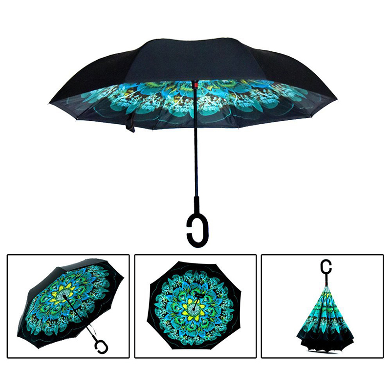 2019 nuovo design a doppio strato all'interno di stampa fiore invertito capovolto ombrello dritto