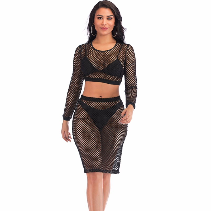 Sexy Sheer Black Mesh Maniche lunghe Scollo tondo Crop Top e gonna Nightclothes Lingerie Set N18973