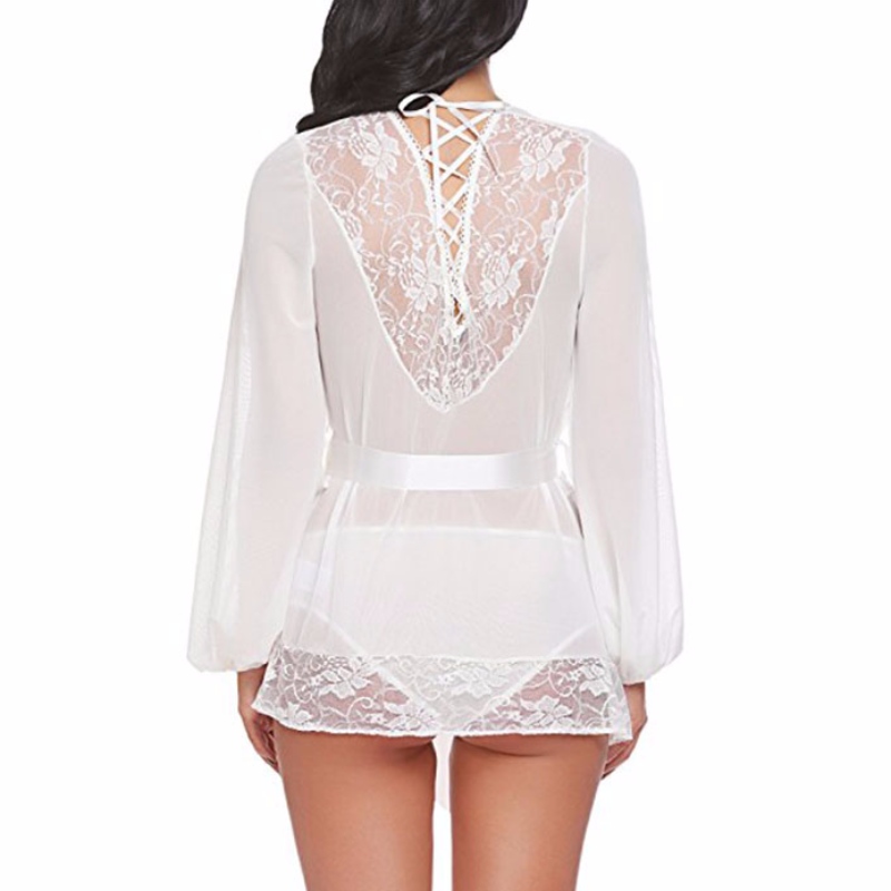 Sexy Sheer Mesh Lace-up Dettaglio Sleepwear Lace Trim Self-tying Sottile Camicia da notte Accappatoio lingerie con Sash N18925