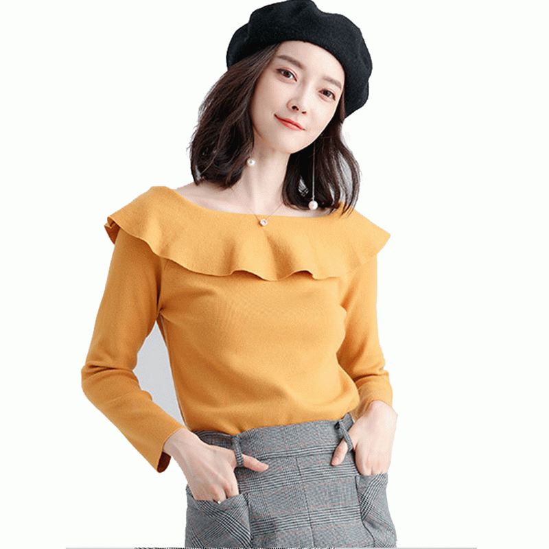 Maglione in maglia da donna con collo a balze arricciato, 100% cotone