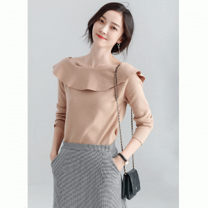 Maglione in maglia da donna con collo a balze arricciato, 100% cotone