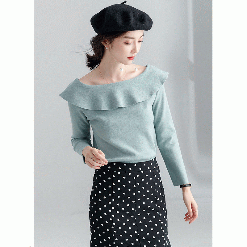 Maglione in maglia da donna con collo a balze arricciato, 100% cotone