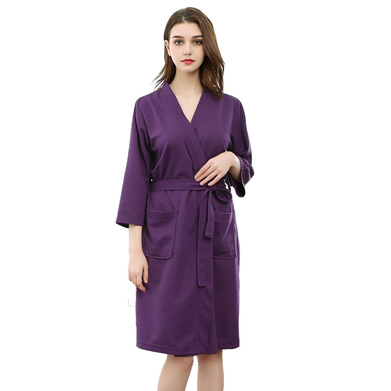 Donna Waffle Fleece Robe Pigiama Kimono a tinta unita in ginocchio