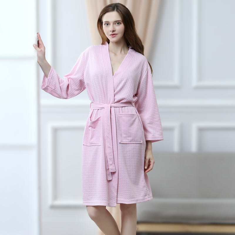 Donna Waffle Fleece Robe Pigiama Kimono a tinta unita in ginocchio