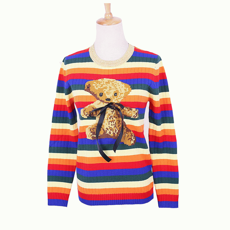 Maglione del pullover del panno delle donne delle bande dell'arcobaleno delle strisce di arcobaleno di intarsio dell'orsacchiotto del ODM su ordinazione