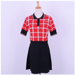 Vestito dal maglione lavorato a maglia da donna a maniche corte per ufficio a quadri in contrasto di colore