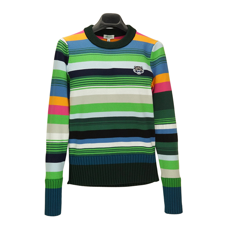 Maglione girocollo in misto lana a righe multicolore su misura per donna
