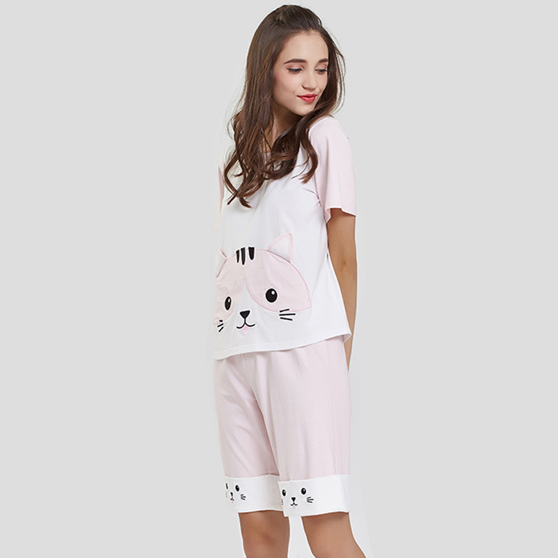 Set di pigiami ricamati in tessuto con motivo jersey in tessuto da donna