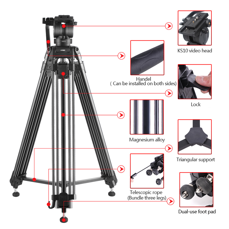 Diat A193C KS10 Supporto professionale per treppiede per videocamera fotografica da viaggio in alluminio