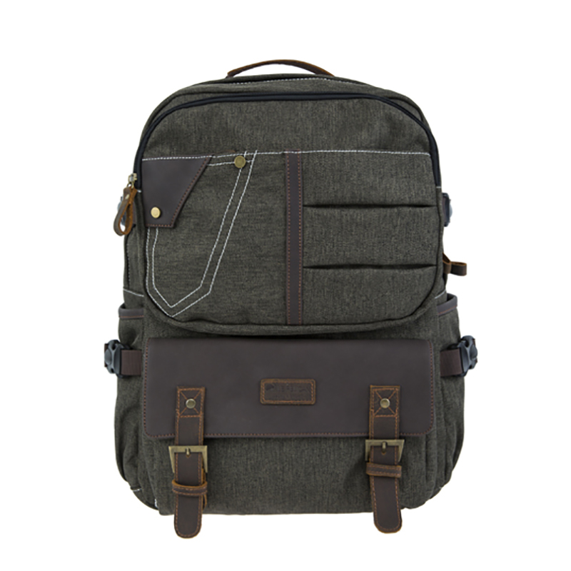 18SC-6891D Army Green Durabel Canvas zaino in vera pelle Business Laptop Bagpack Pacchetto viaggio genuino