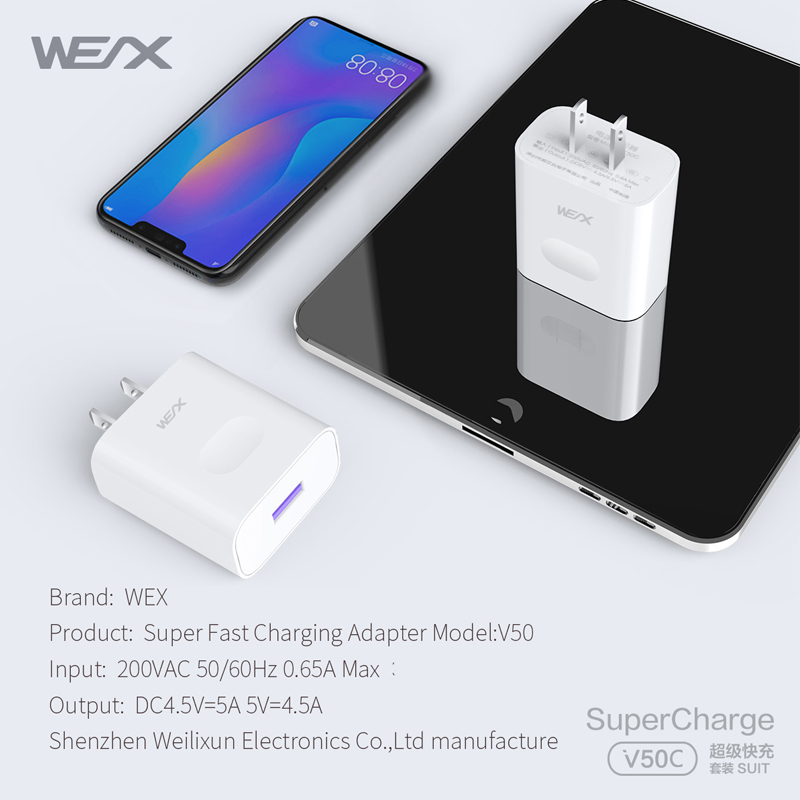 WEX - V50C 22,5W HUAWEI Superfast Adattatore di carica, caricatore da muro, caricabatterie da viaggio accoppiato con cavo 5A