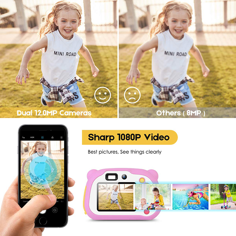 Videocamera per bambini 8.0MP Videocamera digitale ricaricabile anteriore e posteriore per selfie Videocamera per bambini, giocattoli regalo per ragazzi e ragazze di 4-10 anni