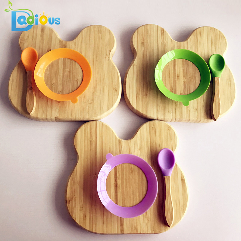 Piatti per bambini in bambù riutilizzabili ecologici a basso costo Cucchiai in legno per bambini in silicone