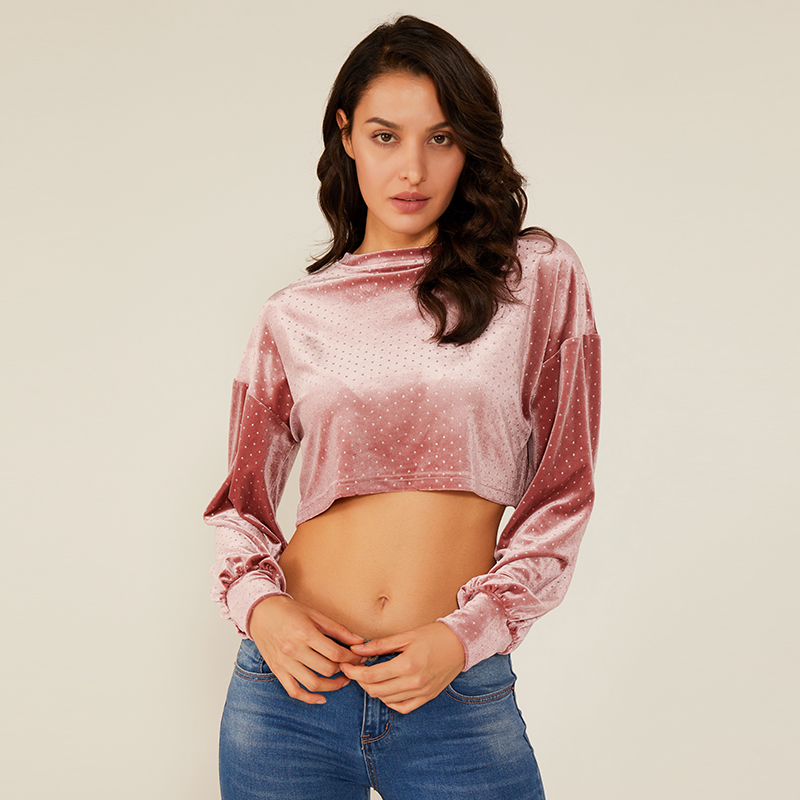 Top in pelle scamosciata a pois a maniche lunghe a vita alta da donna