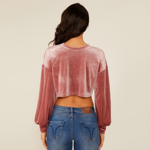 Top in pelle scamosciata a pois a maniche lunghe a vita alta da donna