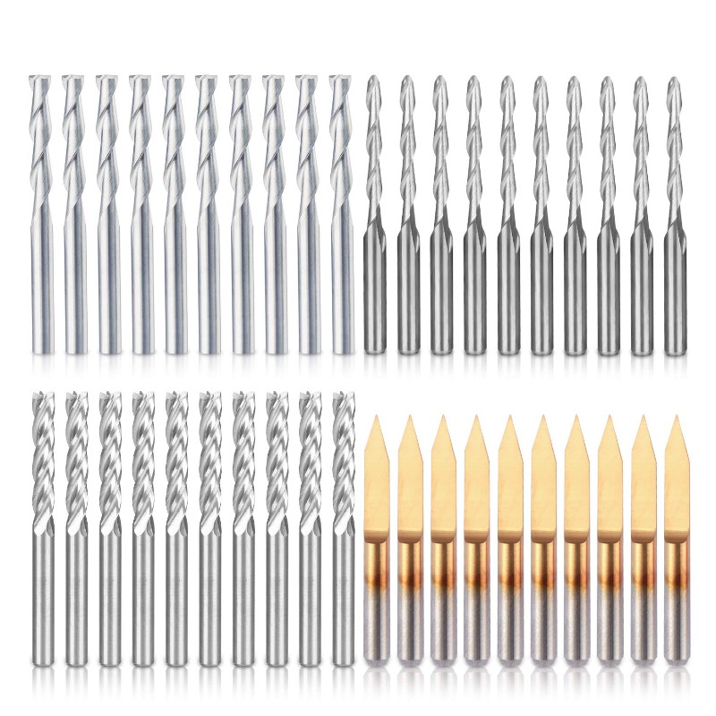 Set di kit combinati per frese Set di frese a controllo numerico per frese CNC (4 tipi, ogni 10 pezzi) Compresi fresa a punta per naso piatto / sfera, punte per incisione a forma di V a 30 ° e fresa a 4 scanalature