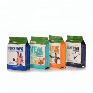 Produttore 1 kg Integratore di proteine ​​a fondo piatto Custodia per borsa con finestra trasparente Fondo quadrato Custodia per scatola con cerniera Superiore