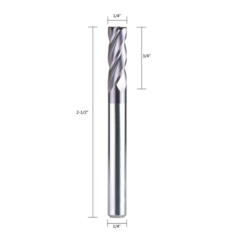 Fresa CNC a 4 scanalature, diametro del gambo da 1/4 di pollice quadrato, lunghezza totale da 2-1 / 2 pollici, punta del router a spirale con rivestimento