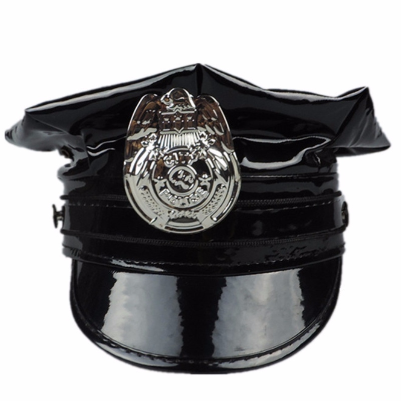 Hawk Hat Badge Berretto in pelle PU in PVC Berretto di polizia in pelle ottagonale nera Berretto militare in pelle con copricapo uniforme