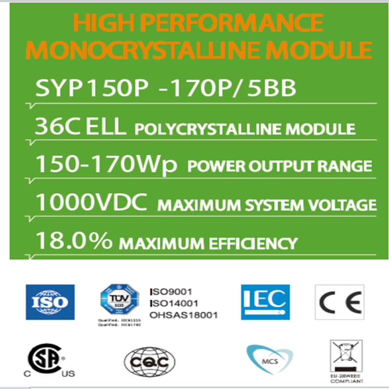 MODULO MONOCRISTALLINO AD ALTE PRESTAZIONI SYP150P -170P / 5BB 36C MODULO POLICCRISTALLINO ELL