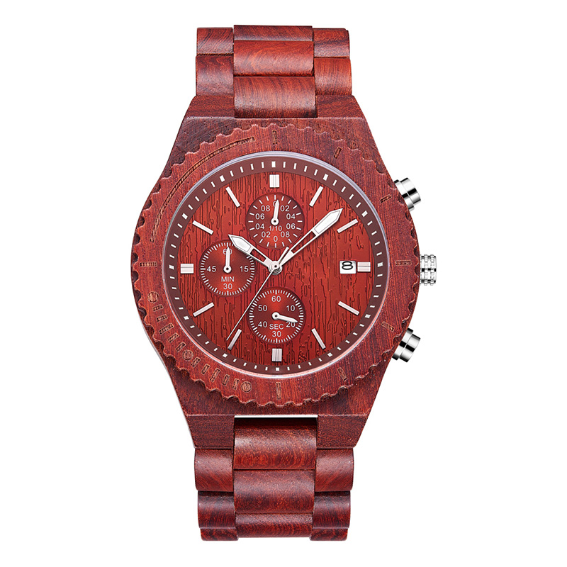 Orologio impermeabile in legno di sandalo rosso con datario. Orologi al quarzo