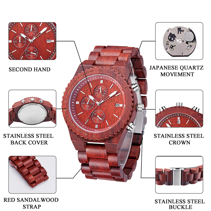 Orologio impermeabile in legno di sandalo rosso con datario. Orologi al quarzo