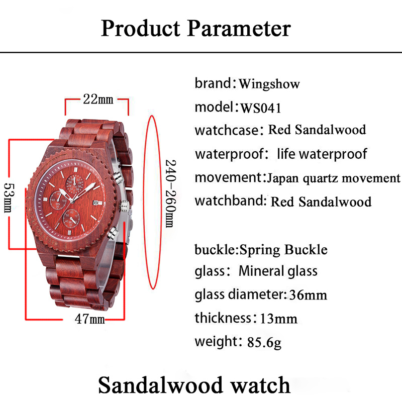 Orologio impermeabile in legno di sandalo rosso con datario. Orologi al quarzo