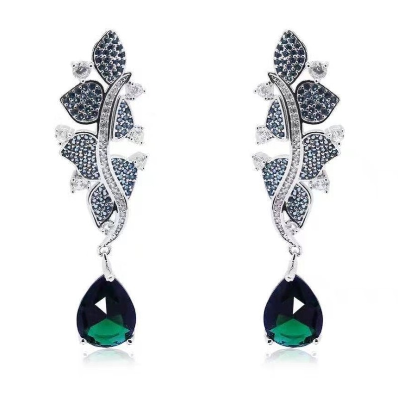 Orecchini da donna in argento sterling 925 con foglia di smeraldo sintetico sintetico
