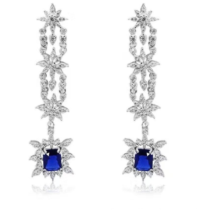 Orecchini da sposa con ciondolo da donna in argento sterling 925 con zaffiro sintetico e zirconi cubici