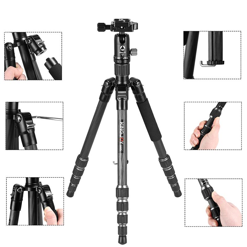 KINGJOY treppiede portatile pieghevole pieghevole in alluminio a 5 sezioni con fotocamera e kit testa a sfera per DSLR