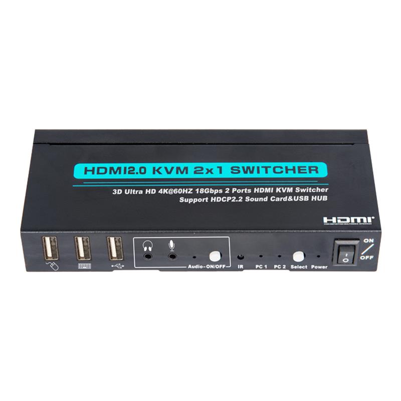 Supporto per switch HDMI KVM 2x1 V2.0 Ultra HD 4Kx2K @ 60Hz HDCP2.2 Scheda audio 18 Gbps e hub USB