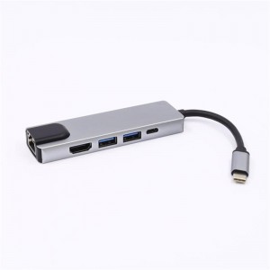Adattatore hub USB Tipo C a HDMI + LAN (1000M) + USB 3.0x2 + Tipo C da 5 in 1
