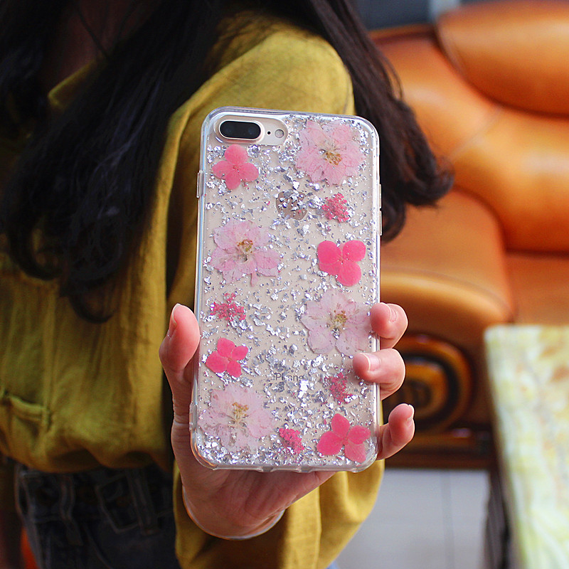 Custodia per cellulare in TPU + PC con gocce glitterate e fiore interno realizzato a mano per iPhone 6 Plus / 7 Plus / 8 Plus