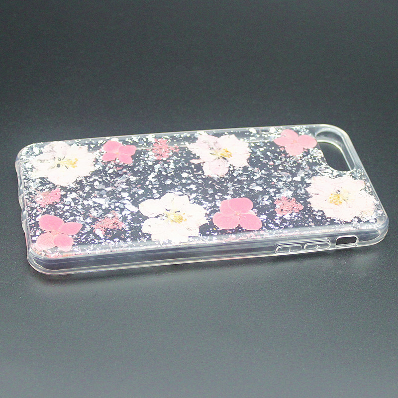 Custodia per cellulare in TPU + PC con gocce glitterate e fiore interno realizzato a mano per iPhone 6 Plus / 7 Plus / 8 Plus
