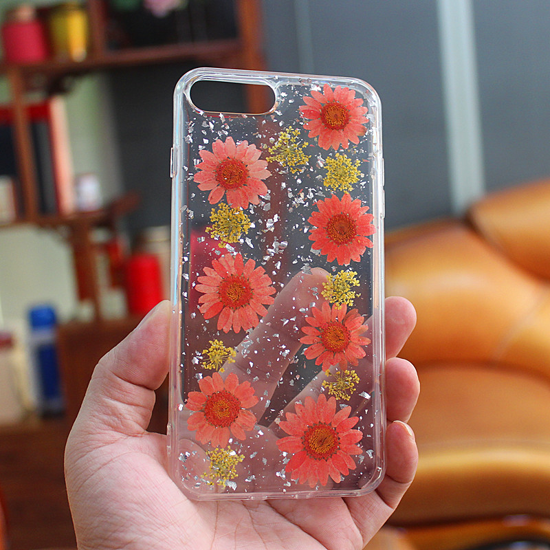 Custodia per cellulare in TPU + PC con gocce glitterate e fiore interno realizzato a mano per iPhone 6 Plus / 7 Plus / 8 Plus