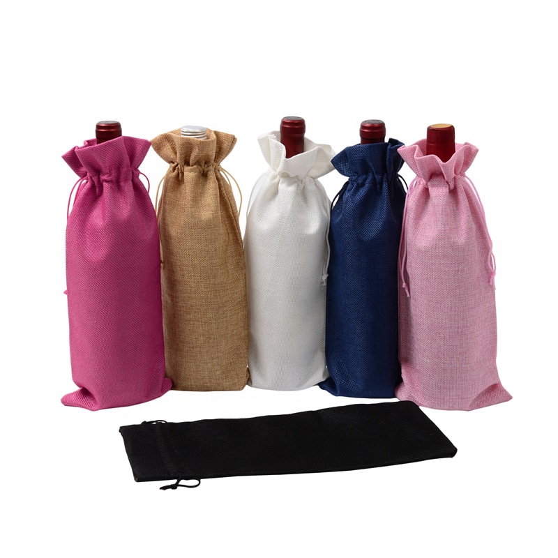 SGS53 Rustic Jute Burlap Wine Bags Drawstring Wine Bottle Covers Reuble Bottle Wrap Gift Package Bags